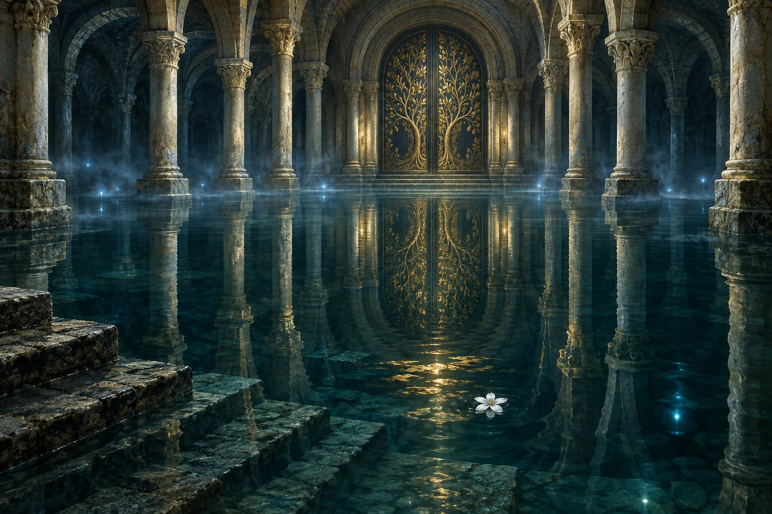 Golden doors wait at the end of a submerged, vaulted hall. A single white flower floats on the still water.