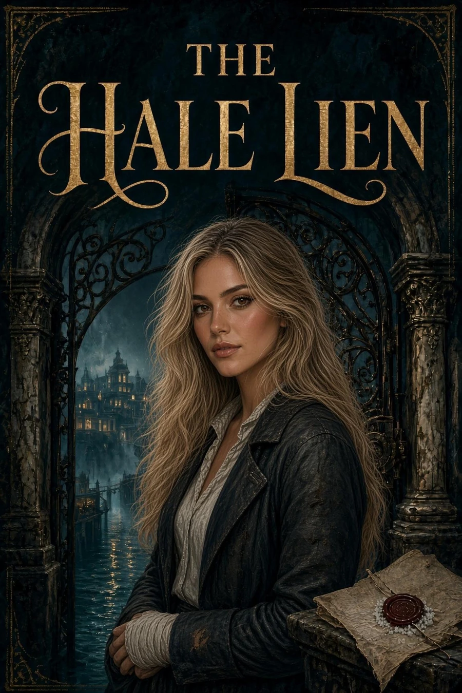 The Hale Lien book cover: a woman before the iron gates of a canal city.